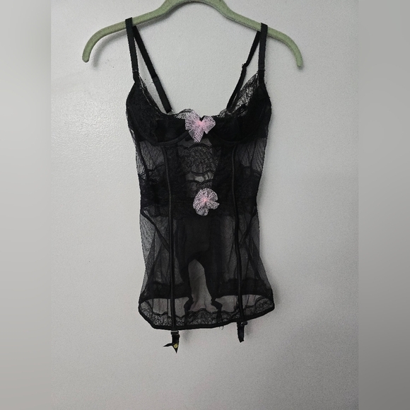 NWT Victoria Secret Black Garter Pink Tulle Bow Slip Chemise Babydoll 36C - Picture 1 of 12